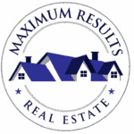 Logo for Maximum Results Real Estate featuring house rooftops in blue.