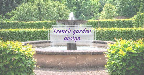 Elegant French garden with a central stone fountain and manicured greenery.