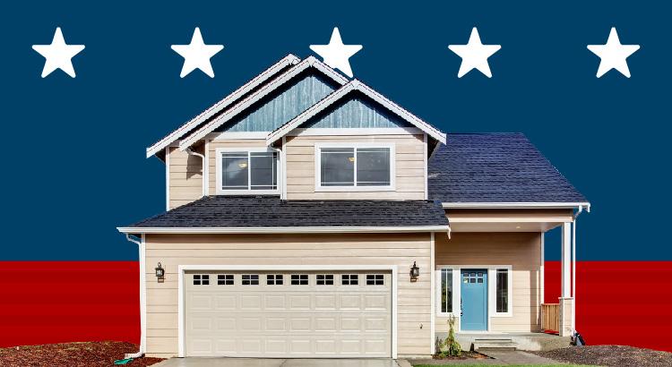 A house with a garage under a night sky with stars.