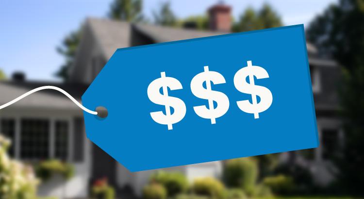 Blue price tag with dollar signs in front of a house.