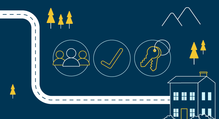 Illustrative graphic with icons representing people, a checkmark, and keys on a blue background.