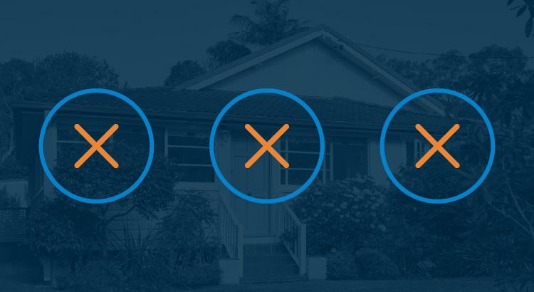 A house with a blue circle and an orange X overlay.