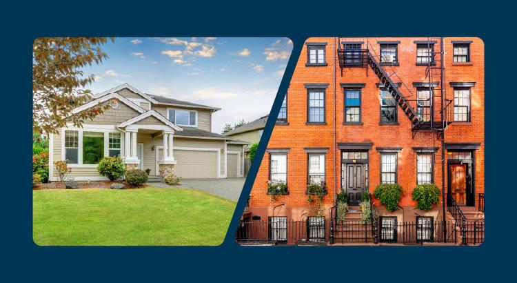 Split image showing a modern suburban house and a classic city brownstone building.