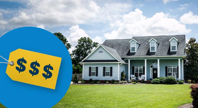 A beautiful suburban house with a well-kept lawn under a partly cloudy sky.