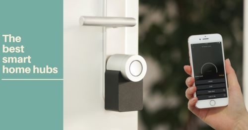 Person unlocking a door with a smart lock and smartphone.