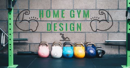 Colorful kettlebells lined up under a 'Home Gym Design' sign on a wall.