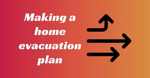 Graphic with text about making a home evacuation plan on a red gradient background.