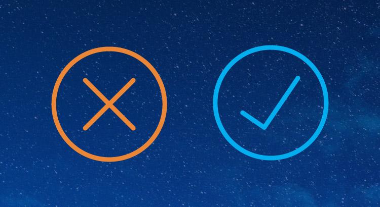 Glowing checkmark and cross symbols against a starry night sky.