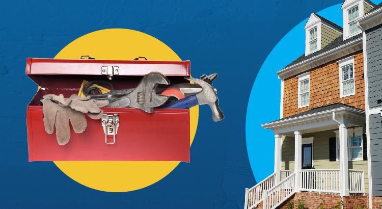 A wrench and hammer on a red toolbox with a bright yellow and blue background.