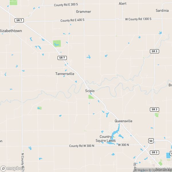 Map showing towns and highways in a rural area.