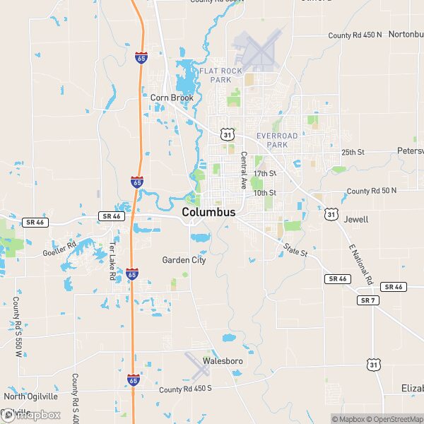 Map showing Columbus and surrounding towns in Mississippi.