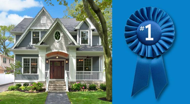 A charming house with a front porch and a blue award ribbon.