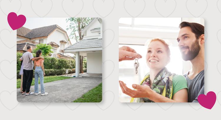 A person holding house keys in front of a modern home.