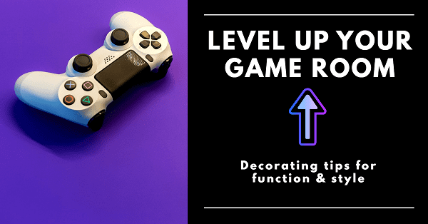 A gaming controller with game room decor tips on a purple background.