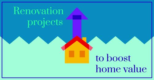 Illustration of a house with an upward arrow symbolizing home renovation projects.