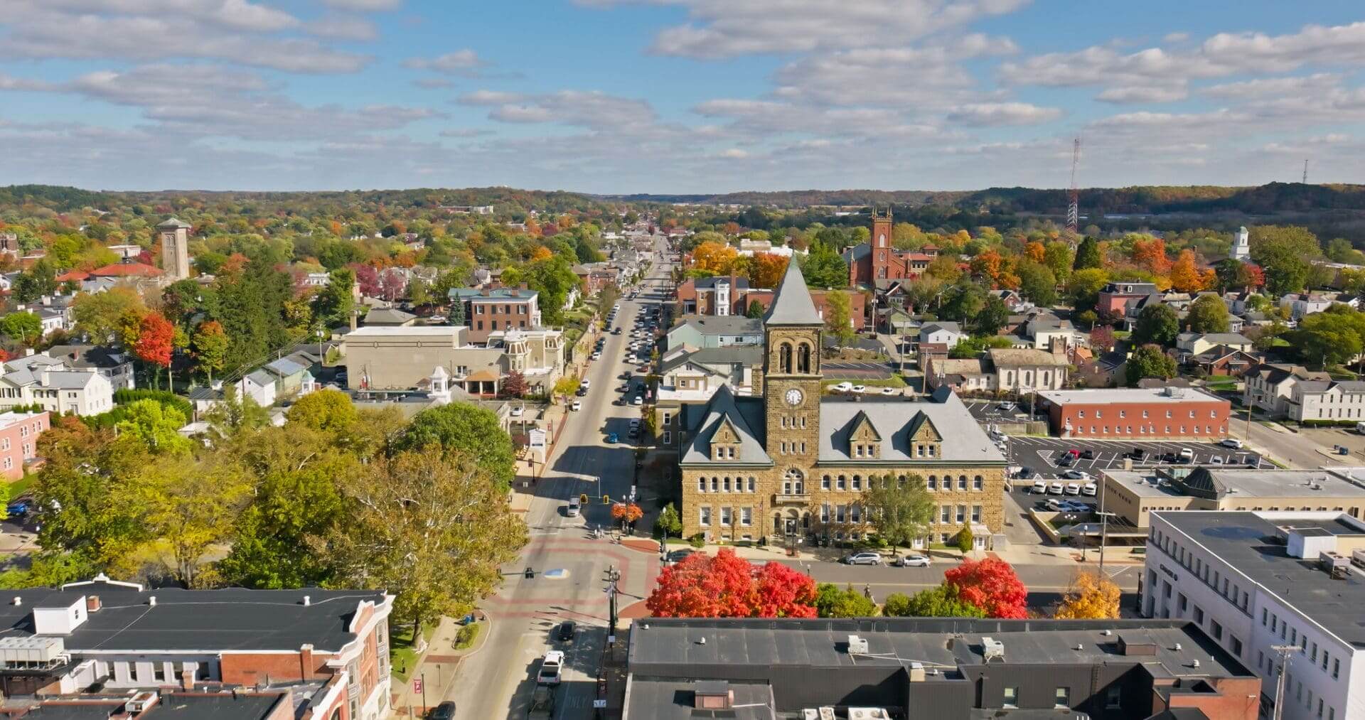Aerial view of a city with historic buildings and a main street.